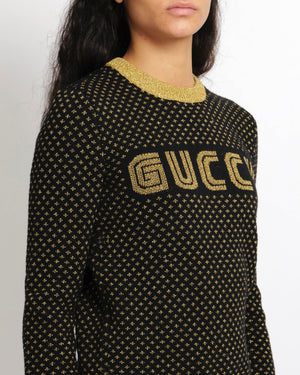 Gucci Black and Gold Wool Embellished "Guccy" Jumper Size XS (UK 6)