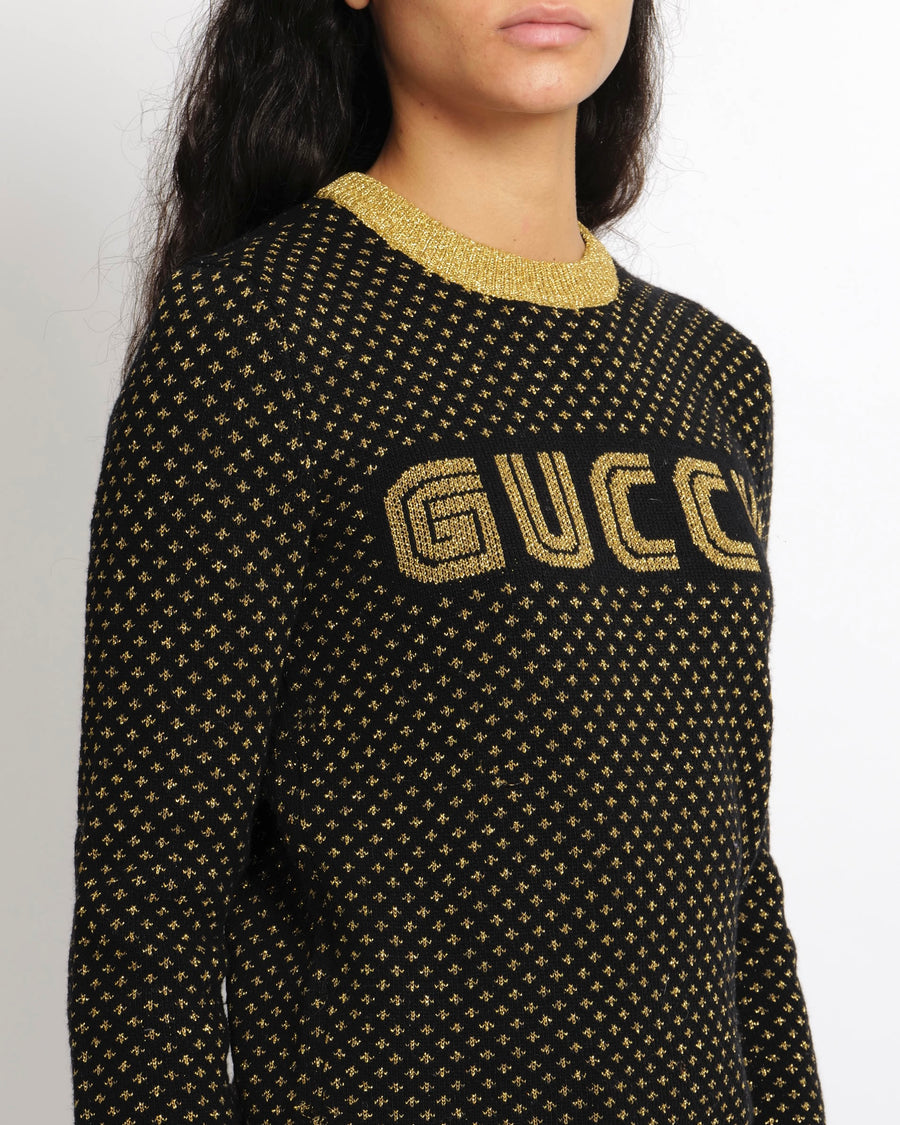 Gucci Black and Gold Wool Embellished "Guccy" Jumper Size XS (UK 6)