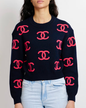 Chanel Spring 2021 Navy Cashmere Cropped Jumper with Pink CC Logos Size FR 36 (UK 8)