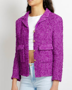 Chanel Cruise 2021 Purple Tweed Jacket with Gold CC Logo Buttons Size FR 40 (UK 12)
