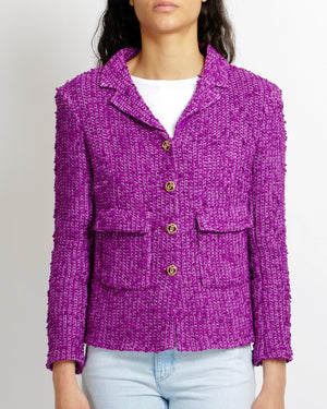 Chanel Cruise 2021 Purple Tweed Jacket with Gold CC Logo Buttons Size FR 40 (UK 12)