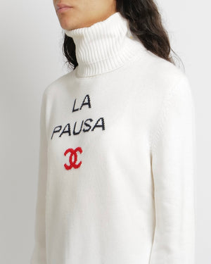 Chanel Cruise 2019 White Cashmere La Pausa High-Neck Jumper with Black Logo Print and Red CC Logo Size FR 40 (UK 12)