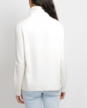 Chanel Cruise 2019 White Cashmere La Pausa High-Neck Jumper with Black Logo Print and Red CC Logo Size FR 40 (UK 12)