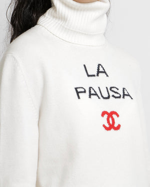 Chanel Cruise 2019 White Cashmere La Pausa High-Neck Jumper with Black Logo Print and Red CC Logo Size FR 40 (UK 12)