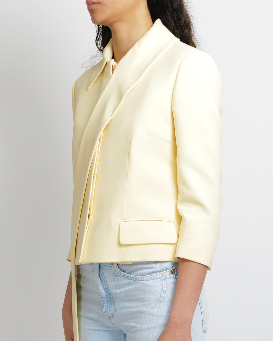 Alexander McQueen Pastel Yellow Cropped Jacket with Concealed Buttons and Front Ribbon Detail Size IT 42 (UK 10) RRP £1,500