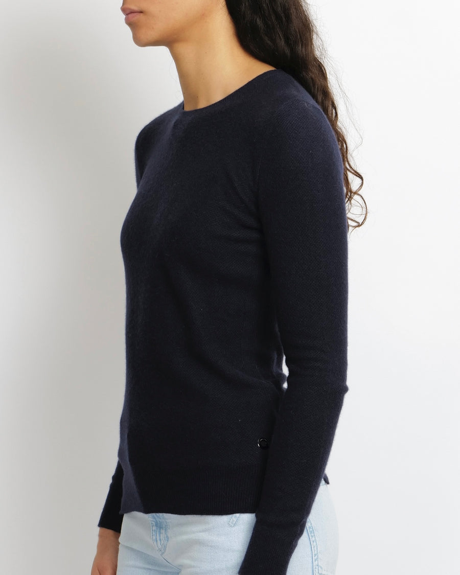 Loro Piana Navy Baby Cashmere Jumper with Silver Logo Detail Size IT 38 (UK 6)