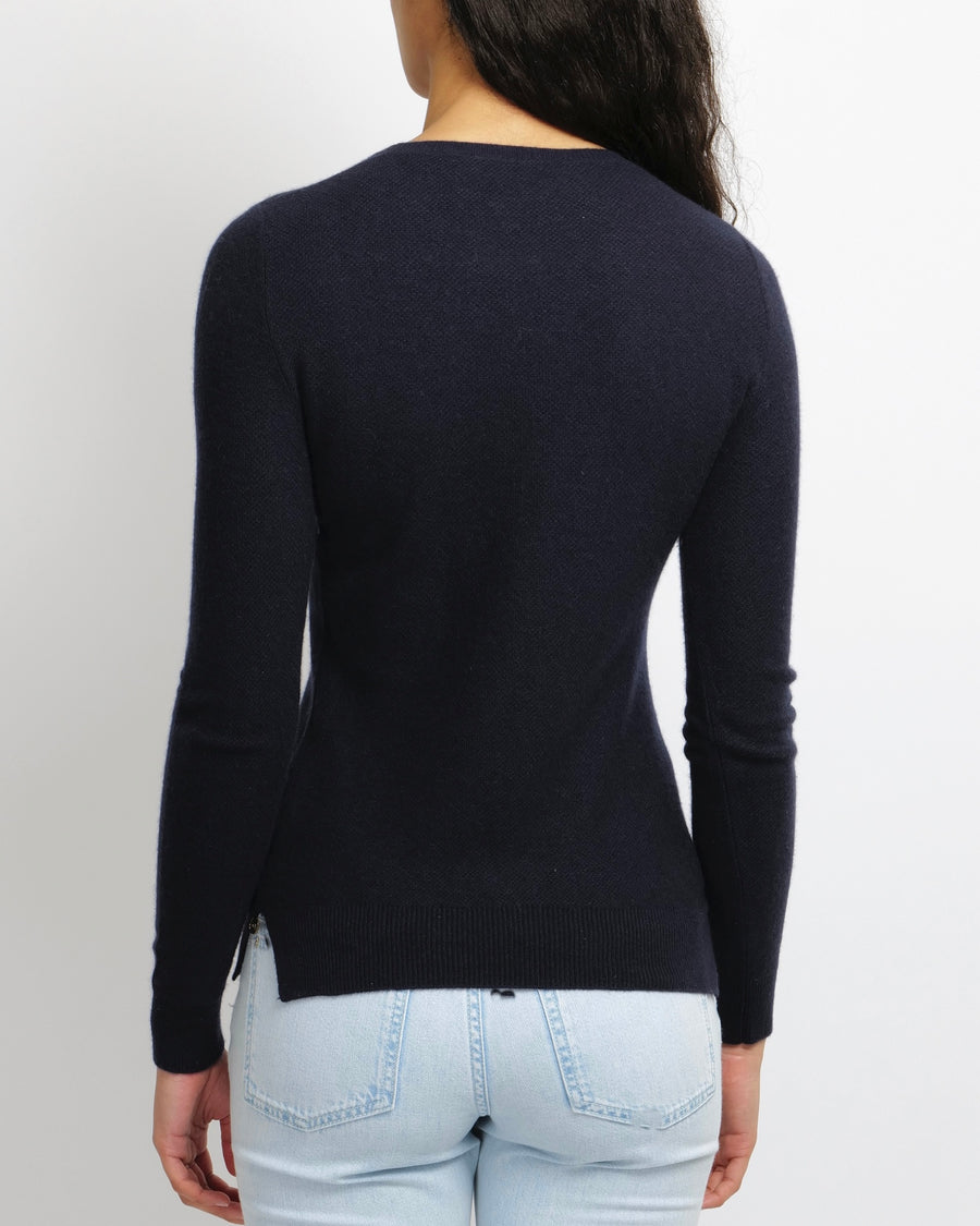 Loro Piana Navy Baby Cashmere Jumper with Silver Logo Detail Size IT 38 (UK 6)