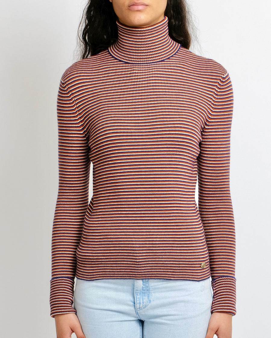 Chanel Red, White and Blue Cashmere Striped High-Neck Jumper with Gold CC Logo Button Detail Size FR 36 (UK 8)