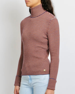 Chanel Red, White and Blue Cashmere Striped High-Neck Jumper with Gold CC Logo Button Detail Size FR 36 (UK 8)