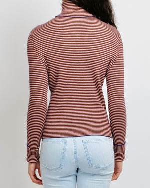 Chanel Red, White and Blue Cashmere Striped High-Neck Jumper with Gold CC Logo Button Detail Size FR 36 (UK 8)