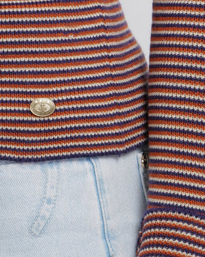Chanel Red, White and Blue Cashmere Striped High-Neck Jumper with Gold CC Logo Button Detail Size FR 36 (UK 8)