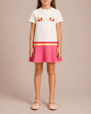 Fendi Kids White and Pink Mini Dress with Embroideries and FF Logo Lining Size 8 years RRP £400