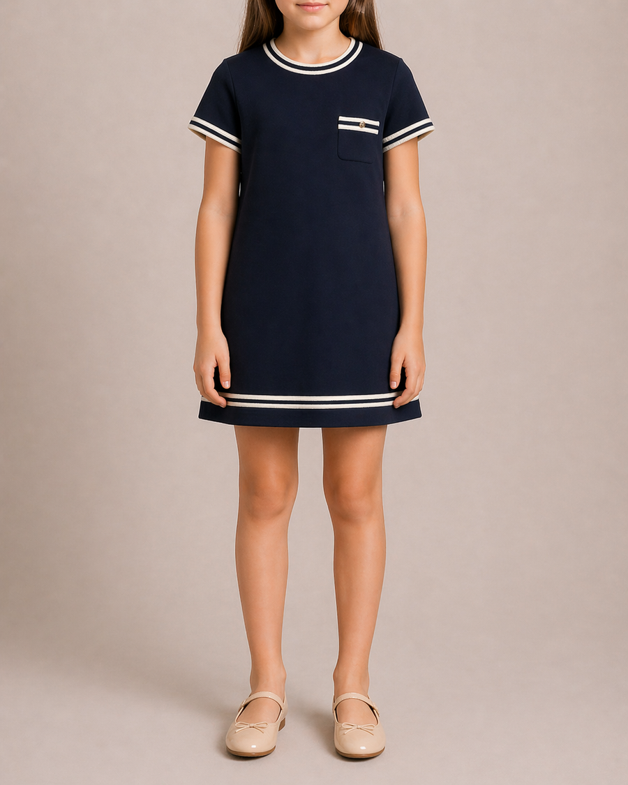 Moncler Kids Navy and White Striped Mini Short-Sleeve Dress with Logo Detail Size 10 years RRP £250