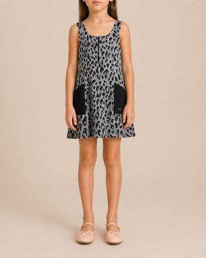 Christian Dior Kids FW23 Grey and Black Leopard Sleeveless Dress with Pocket Logo Detail Size 8 years RRP £800