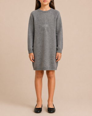 Christian Dior Kids Grey Knit Long-Sleeve Dress with Crystal Embellishments and Embroidered Logo Size 10 years RRP £800