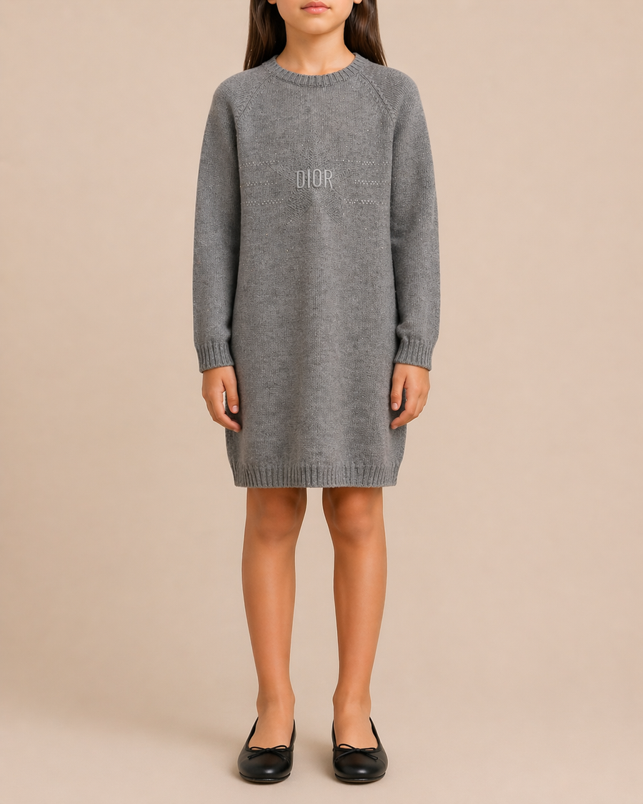 Christian Dior Kids Grey Knit Long-Sleeve Dress with Crystal Embellishments and Embroidered Logo Size 10 years RRP £800