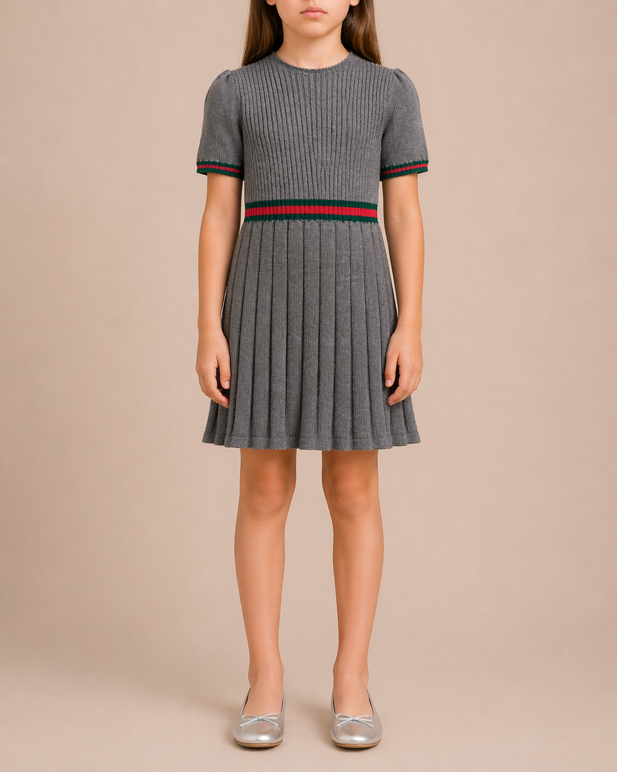 Gucci Kids Grey Knit Short-Sleeve Dress with Green and Red Band Details Size 8 years RRP £500
