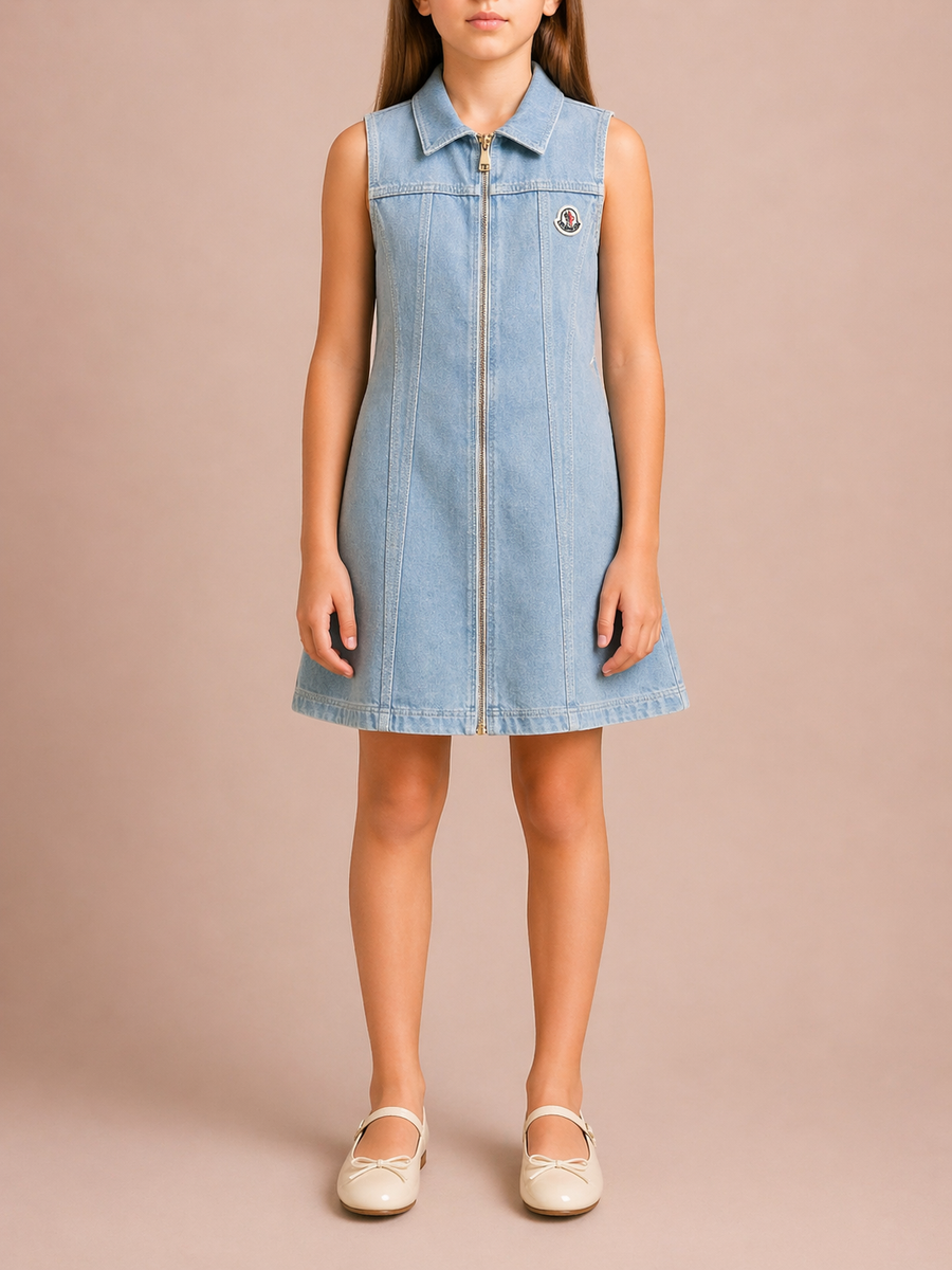 Moncler Kids Light Blue Denim Mini Dress with Logo and Zip Detailing S – Sellier
