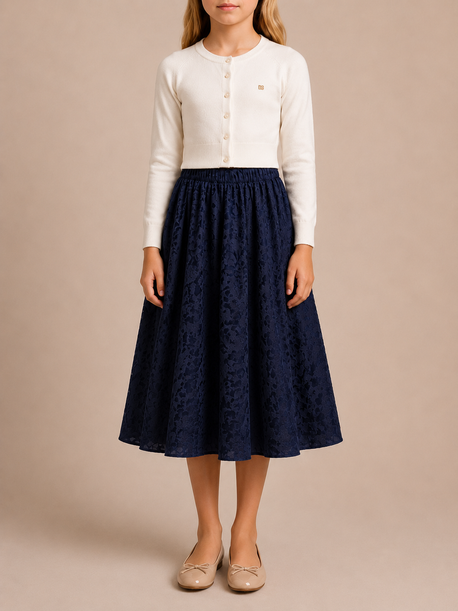 Christian Dior Kids Navy Satin Leopard Long Skirt with Logo Detail Size 8 years RRP £570