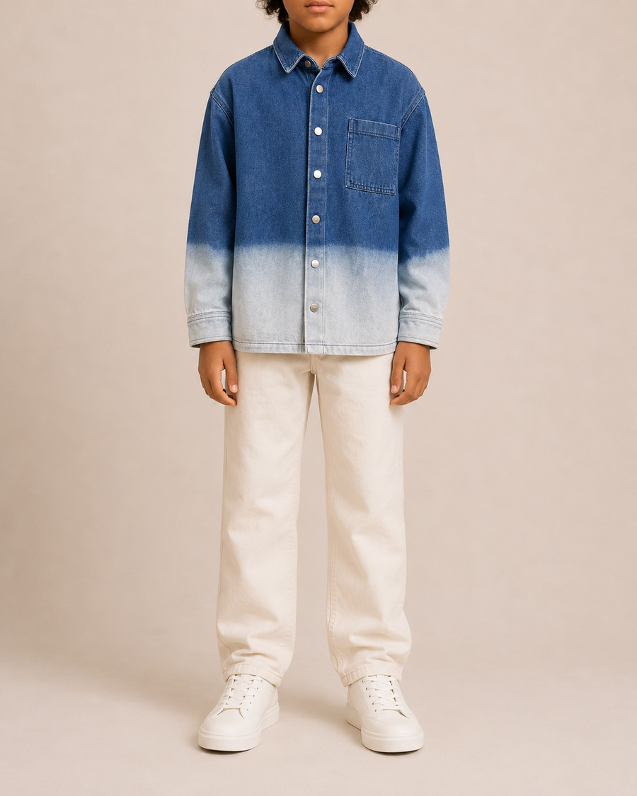 Christian Dior Kids Blue Ombré Denim Shirt Jacket with Silver Logo Buttons and Back Logo Size 10 years RRP £790
