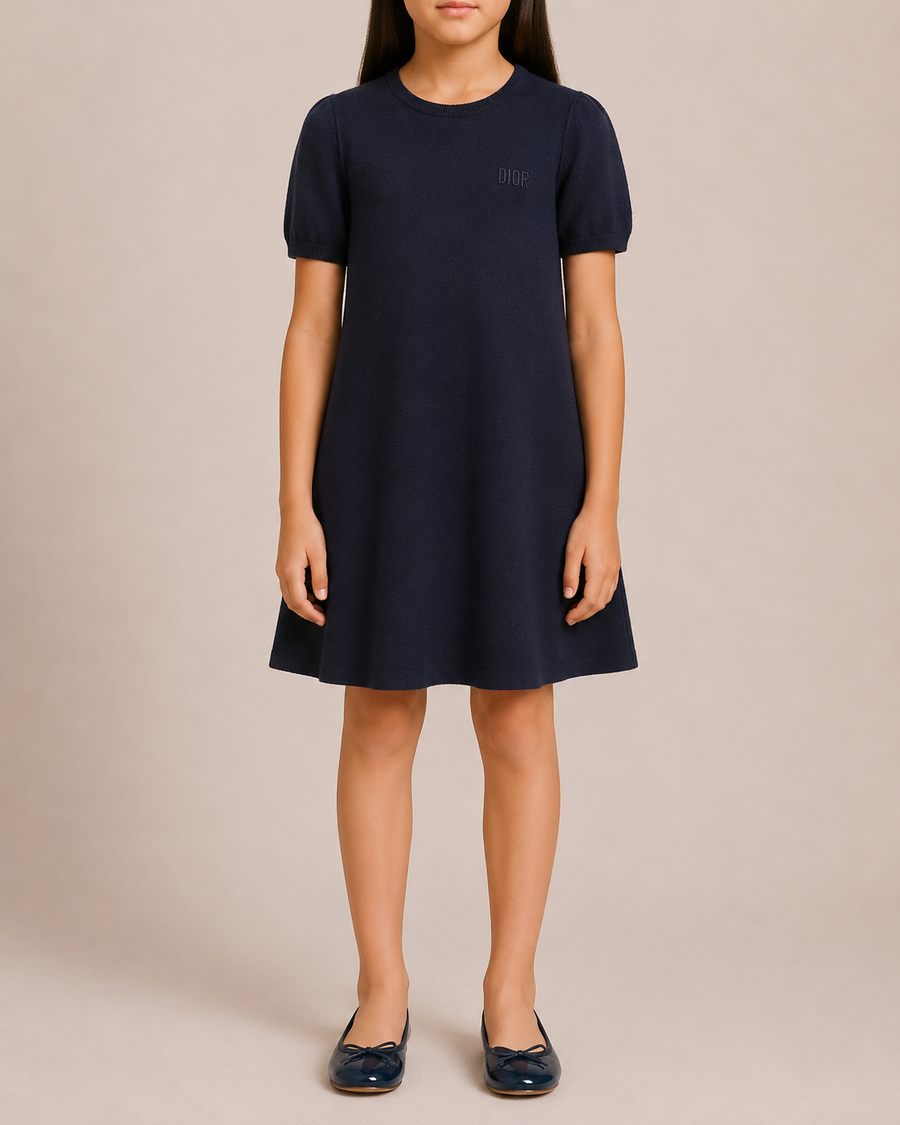 Christian Dior Kids Reversible Oblique Navy Wool Short-Sleeve Dress with Logo Detail Size 10 years RRP £730