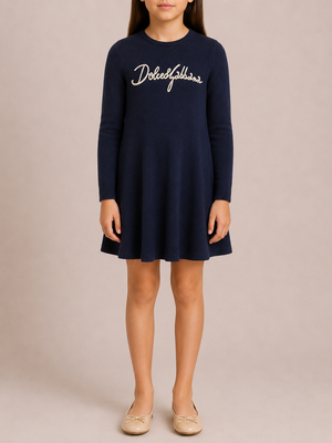 Dolce & Gabbana Kids Navy Knit Long-Sleeve Dress with White Logo Size 10 years