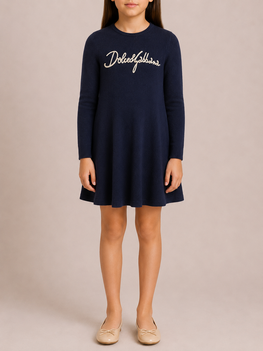 Dolce & Gabbana Kids Navy Knit Long-Sleeve Dress with White Logo Size 10 years