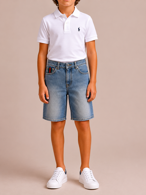 Gucci Kids Blue Denim Bermuda Shorts with Back Leather Logo Detail Size 10 years RRP £400