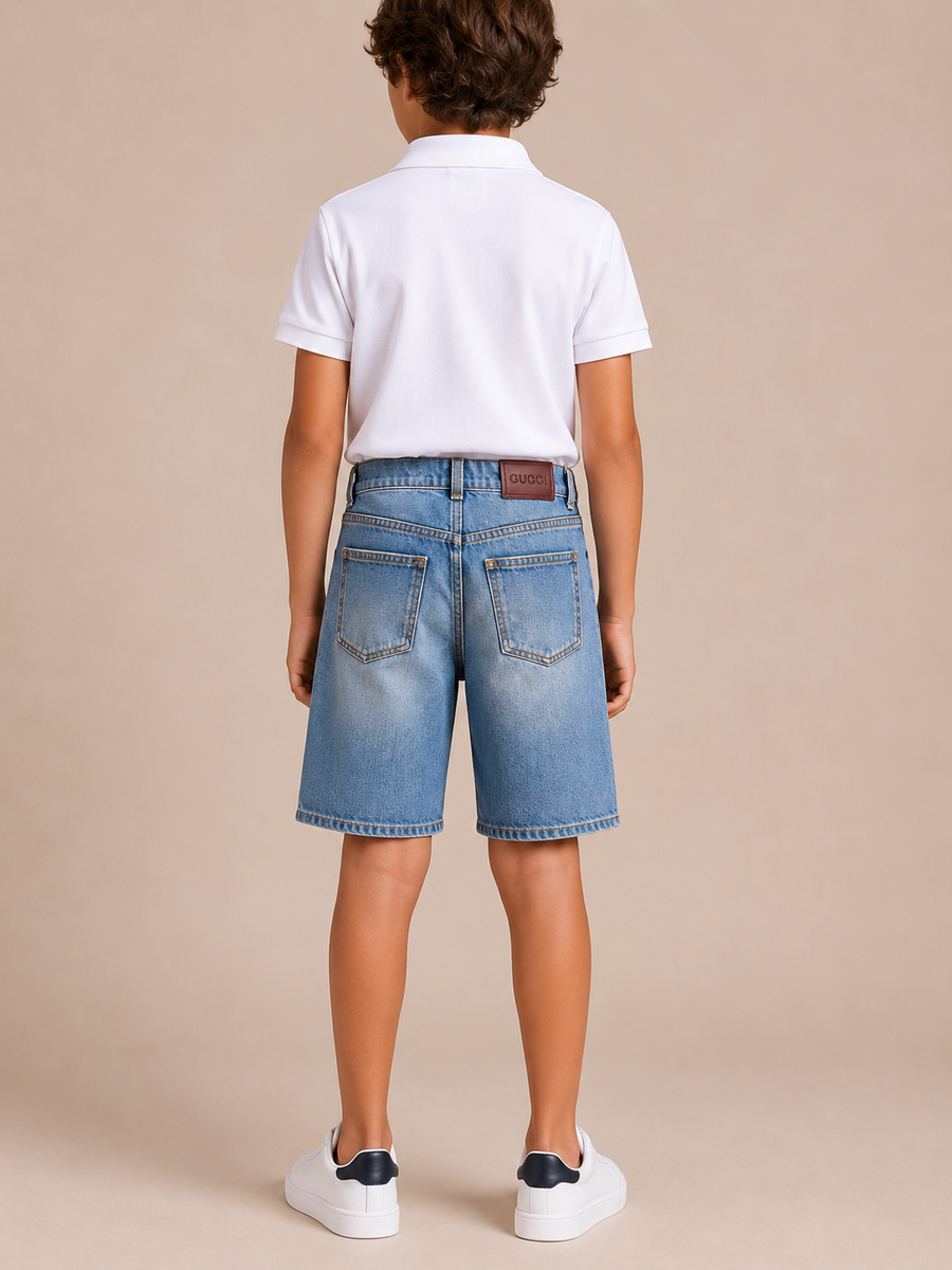 Gucci Kids Blue Denim Bermuda Shorts with Back Leather Logo Detail Size 10 years RRP £400