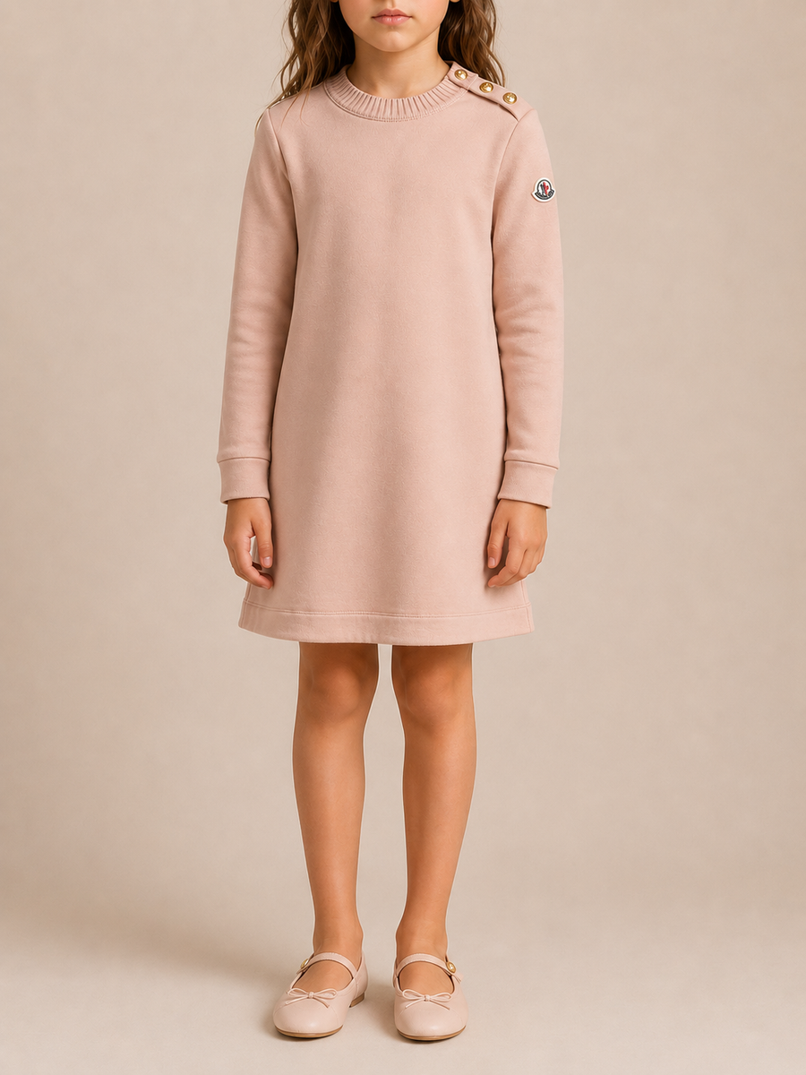 Moncler Kids Pink Sweater Dress with Gold Buttons and Logo Sleeve Detail Size 10 years RRP £300