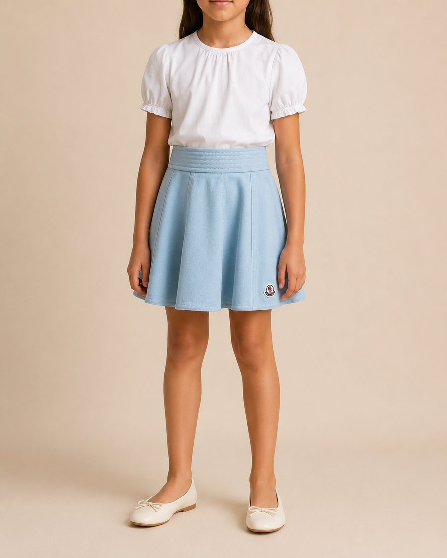 Moncler Kids Light Blue Denim Skirt with Logo Detail Size 8 years