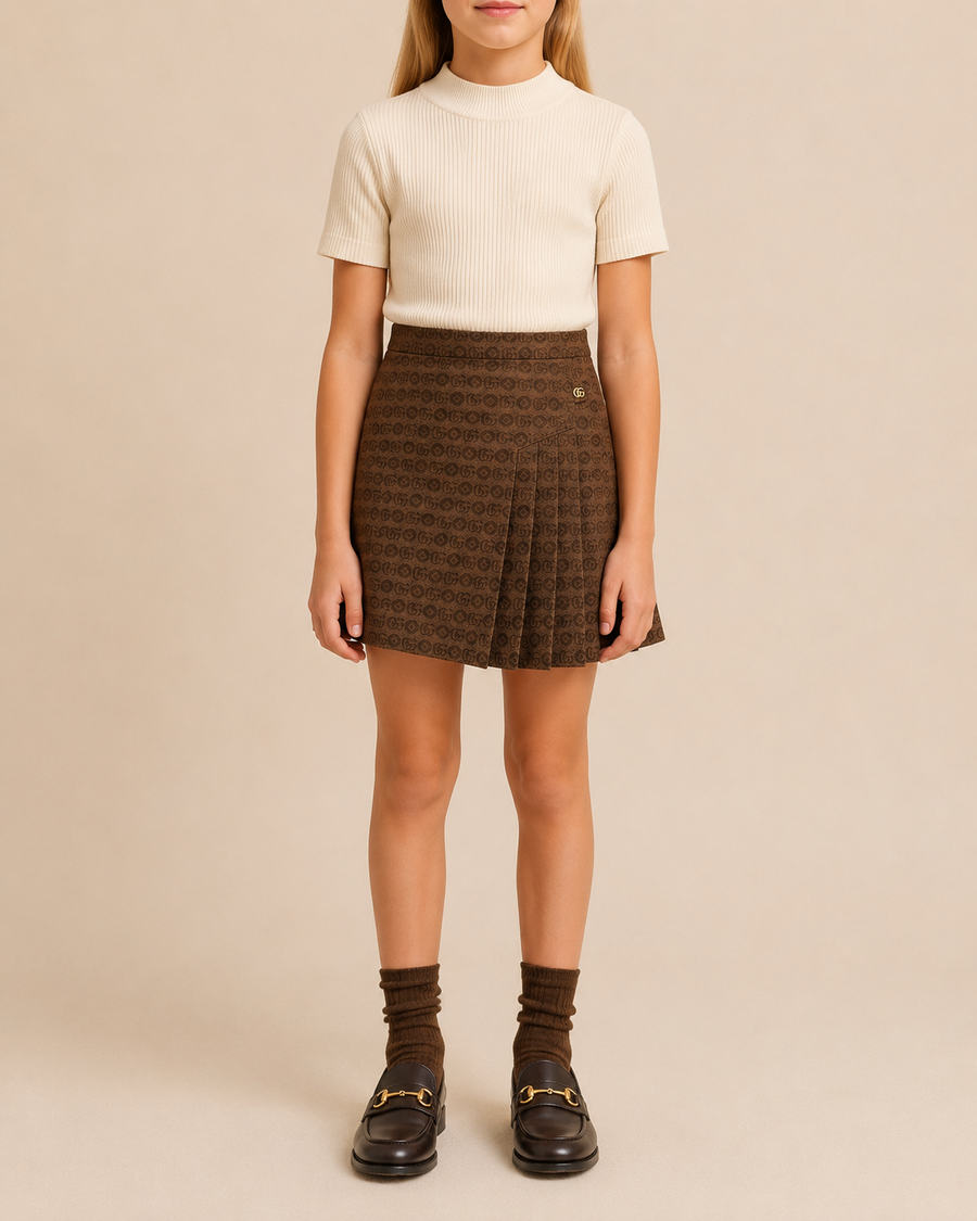 Gucci Kids Brown Logo Printed Pleated Skirt with Gold Logo Size 8 years RRP £400