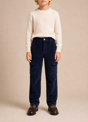 Moncler Kids Navy Velvet Corduroy Trousers with Logo Detail Size 10 years