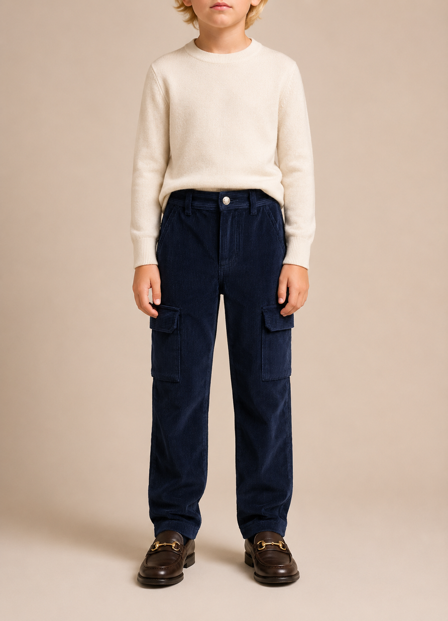 Moncler Kids Navy Velvet Corduroy Trousers with Logo Detail Size 10 years