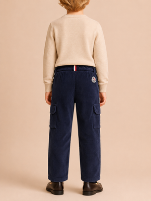 Moncler Kids Navy Velvet Corduroy Trousers with Logo Detail Size 10 years