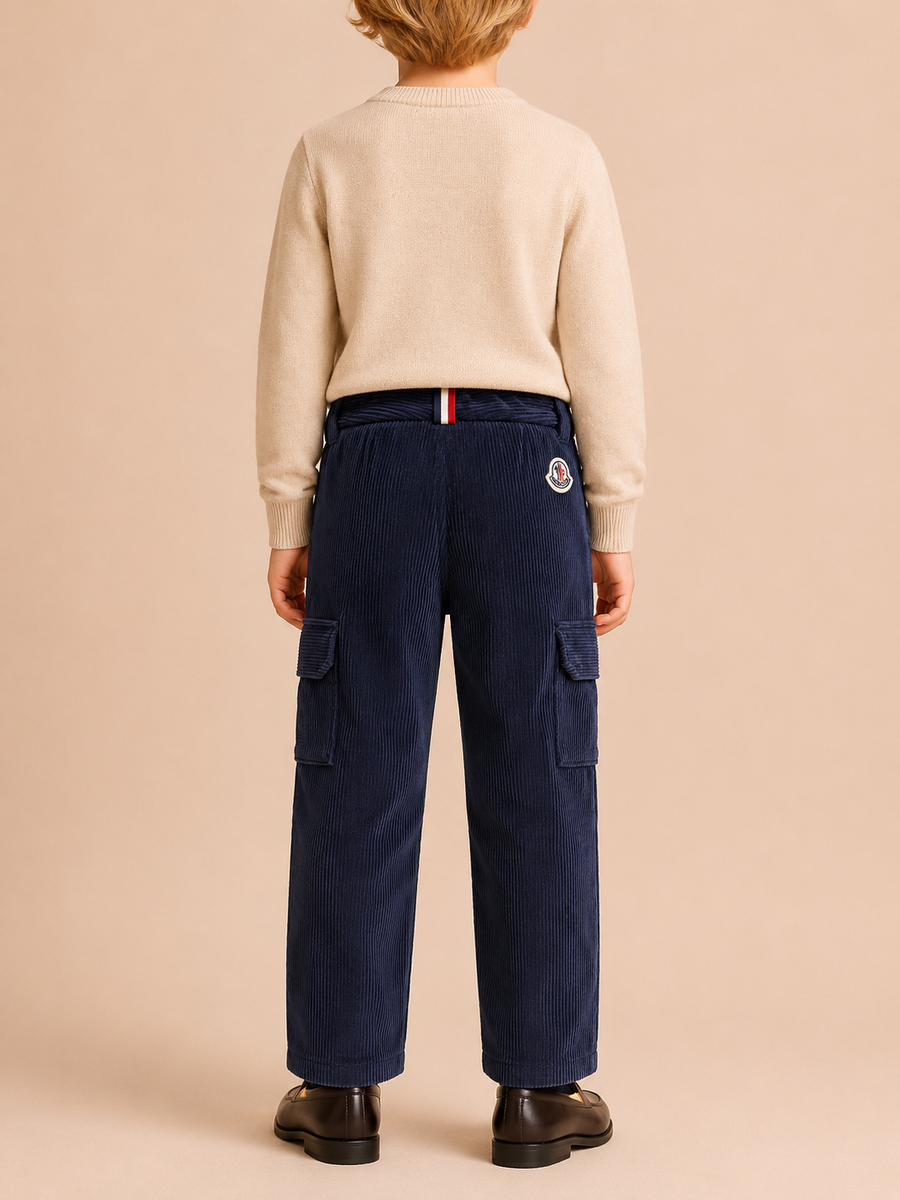 Moncler Kids Navy Velvet Corduroy Trousers with Logo Detail Size 10 years