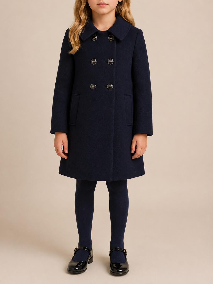 Dolce & Gabbana Kids Navy Wool Coat with Logo Buttons and Pockets Size 8 years