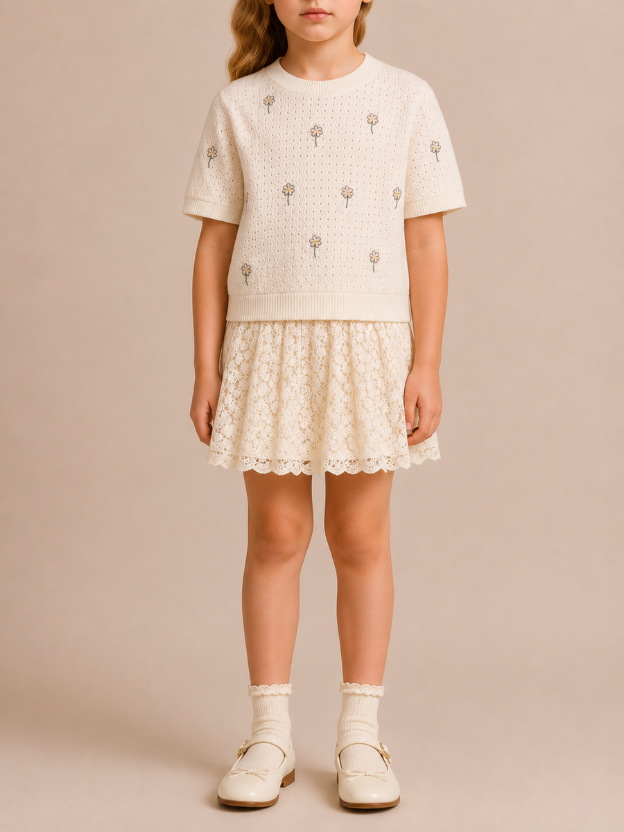 Christian Dior Kids White Cropped Knit Jumper with Floral Details and Pink Logo Size 8 years