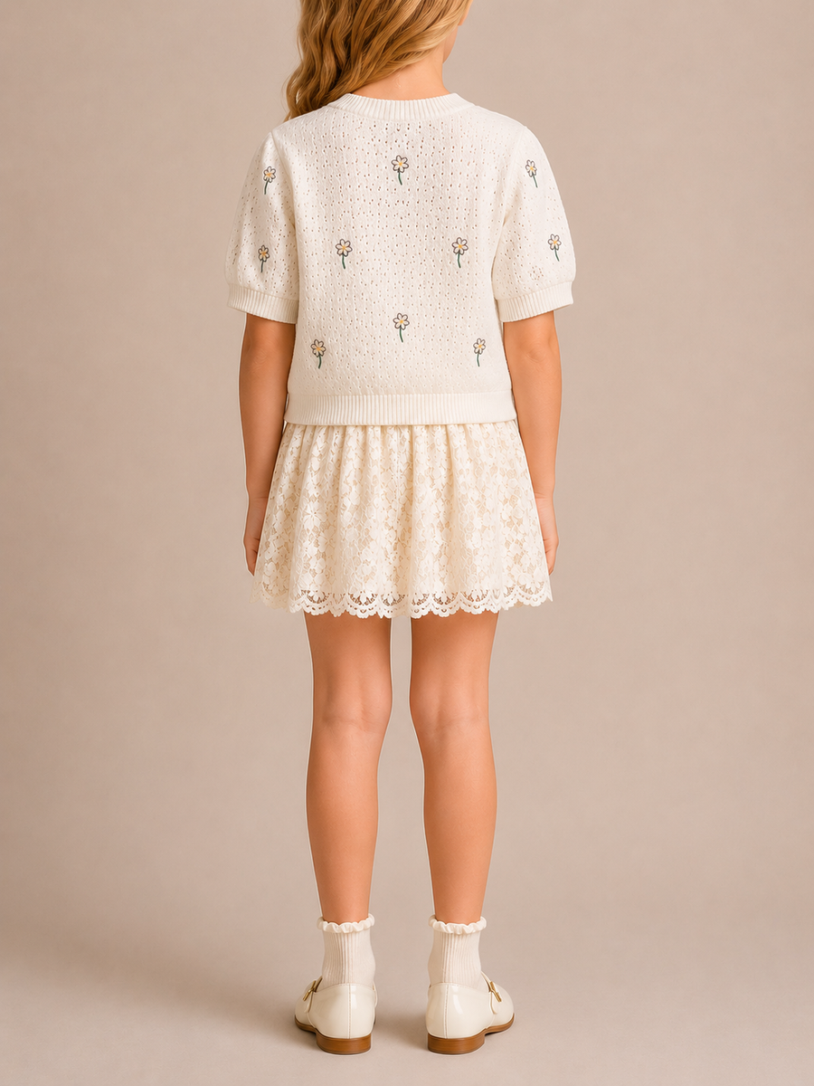 Christian Dior Kids White Cropped Knit Jumper with Floral Details and Pink Logo Size 8 years