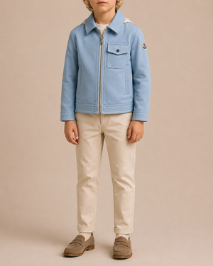 Moncler Kids Light Blue Denim Jacket with Removable Rain Hood and Logo Size 8 years