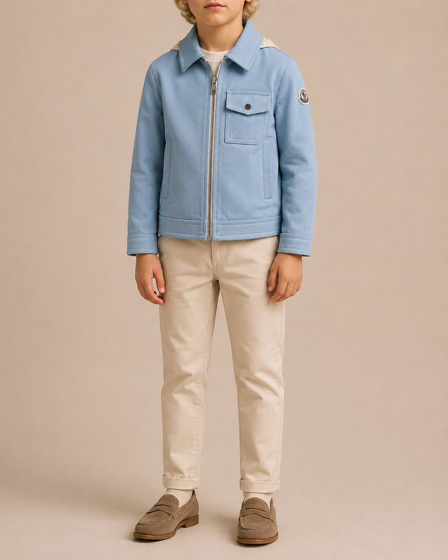 Moncler Kids Light Blue Denim Jacket with Removable Rain Hood and Logo Size 8 years