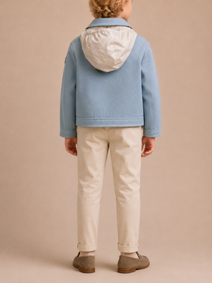 Moncler Kids Light Blue Denim Jacket with Removable Rain Hood and Logo Size 8 years