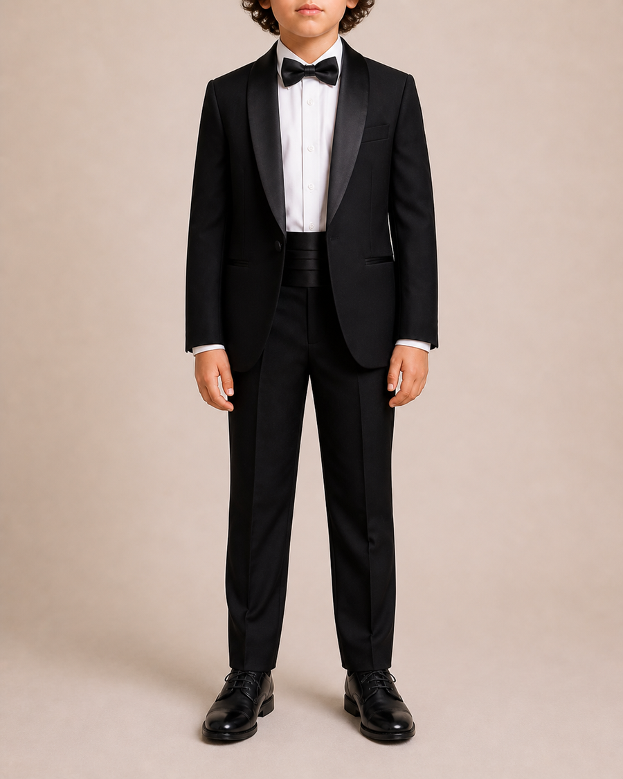 Elie Saab Kids and Multibrand Black Satin Jacket, Trousers, Waistband and Bow Tie Tuxedo Set Size 10 years