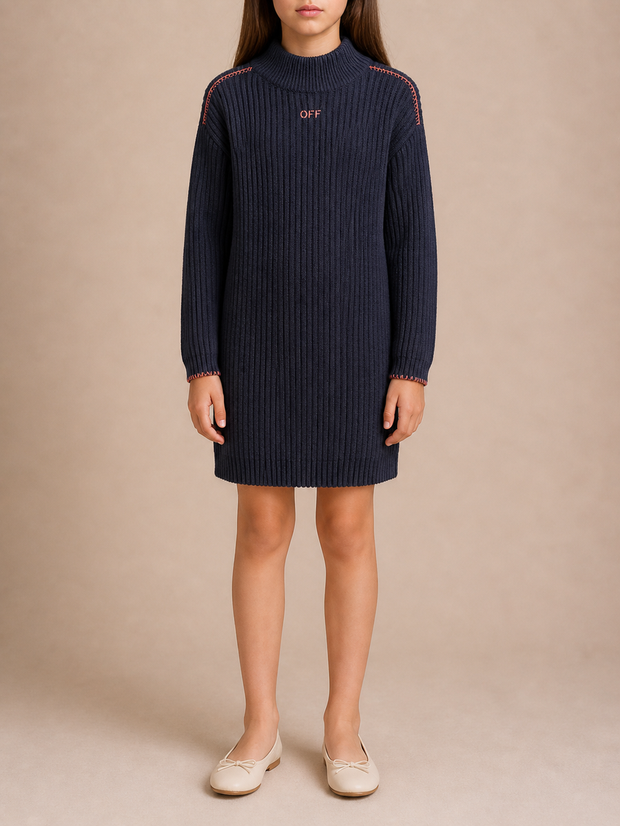 Off-White Kids Midnight Blue Knit Long-Sleeve Dress with Pink Logo Size 10 years&nbsp;
