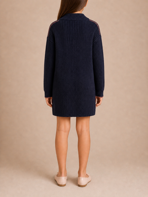 Off-White Kids Midnight Blue Knit Long-Sleeve Dress with Pink Logo Size 10 years&nbsp;