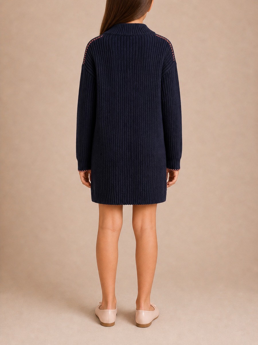 Off-White Kids Midnight Blue Knit Long-Sleeve Dress with Pink Logo Size 10 years&nbsp;