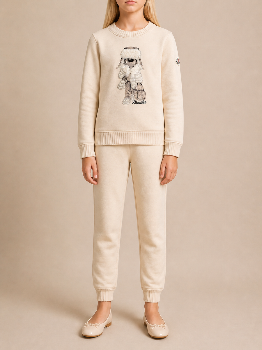 Moncler Kids Cream Sweater with Dog Prints and Appliqué Size 8 years RRP £250