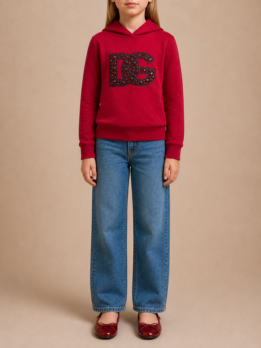 Dolce & Gabbana Kids Red Hooded Sweater with Crystal Embellished Logo Size 9/10 years&nbsp;