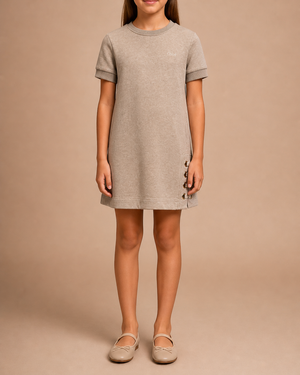 Chloé Kids Beige Short-Sleeve Dress with Logo and Buckle Details Size 10 years