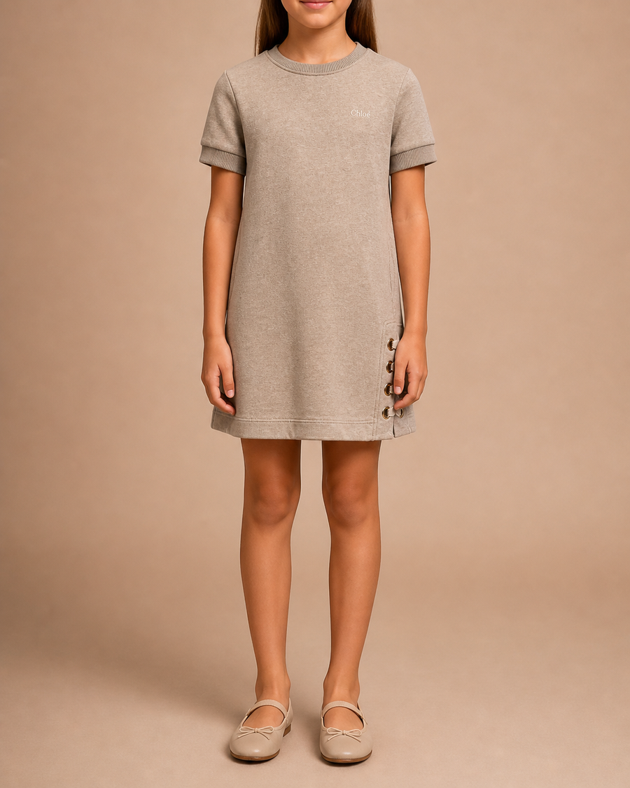 Chloé Kids Beige Short-Sleeve Dress with Logo and Buckle Details Size 10 years
